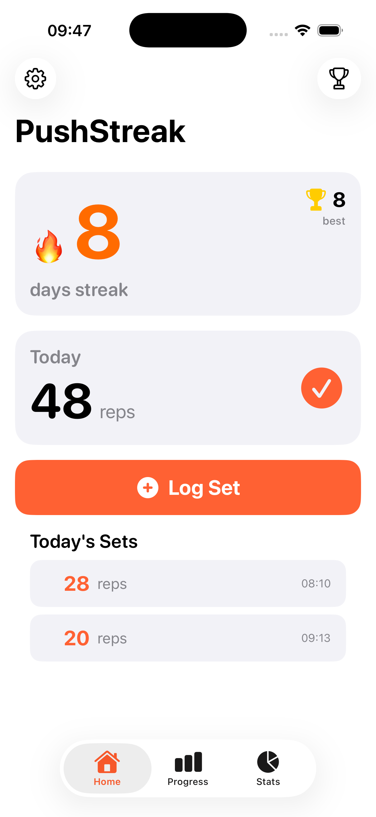 PushStreak home screen showing 8-day streak and today's reps