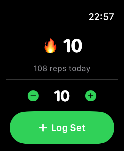 PushStreak on Apple Watch showing a 10-day streak, 108 reps today, and a Log Set button